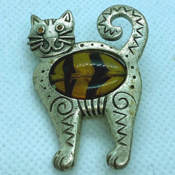 Womens Silver & Topaz like art deco Cat Brooch Pin - Picture 1 of 9